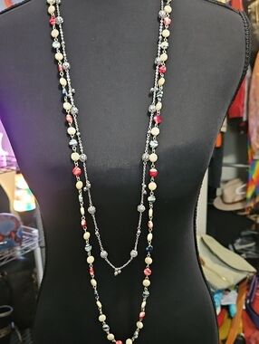Long Multi-Color Beaded Layered Necklace - Cream, Pink, Blue - 2 Piece